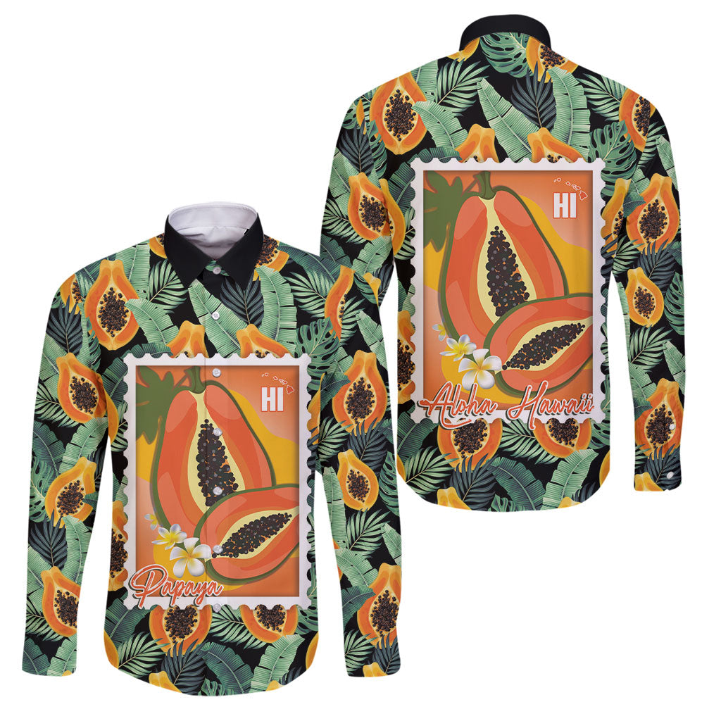 Aloha Hawaii Mikana Family Matching Tank Maxi Dress and Hawaiian Shirt Hawaiian Papaya Stylized Stamp LT14 Dad's Shirt - Long Sleeve Green - Polynesian Pride