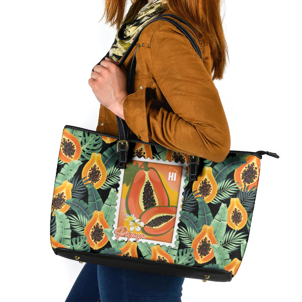 Aloha Hawaii Mikana Leather Tote Bag Hawaiian Papaya Stylized Stamp