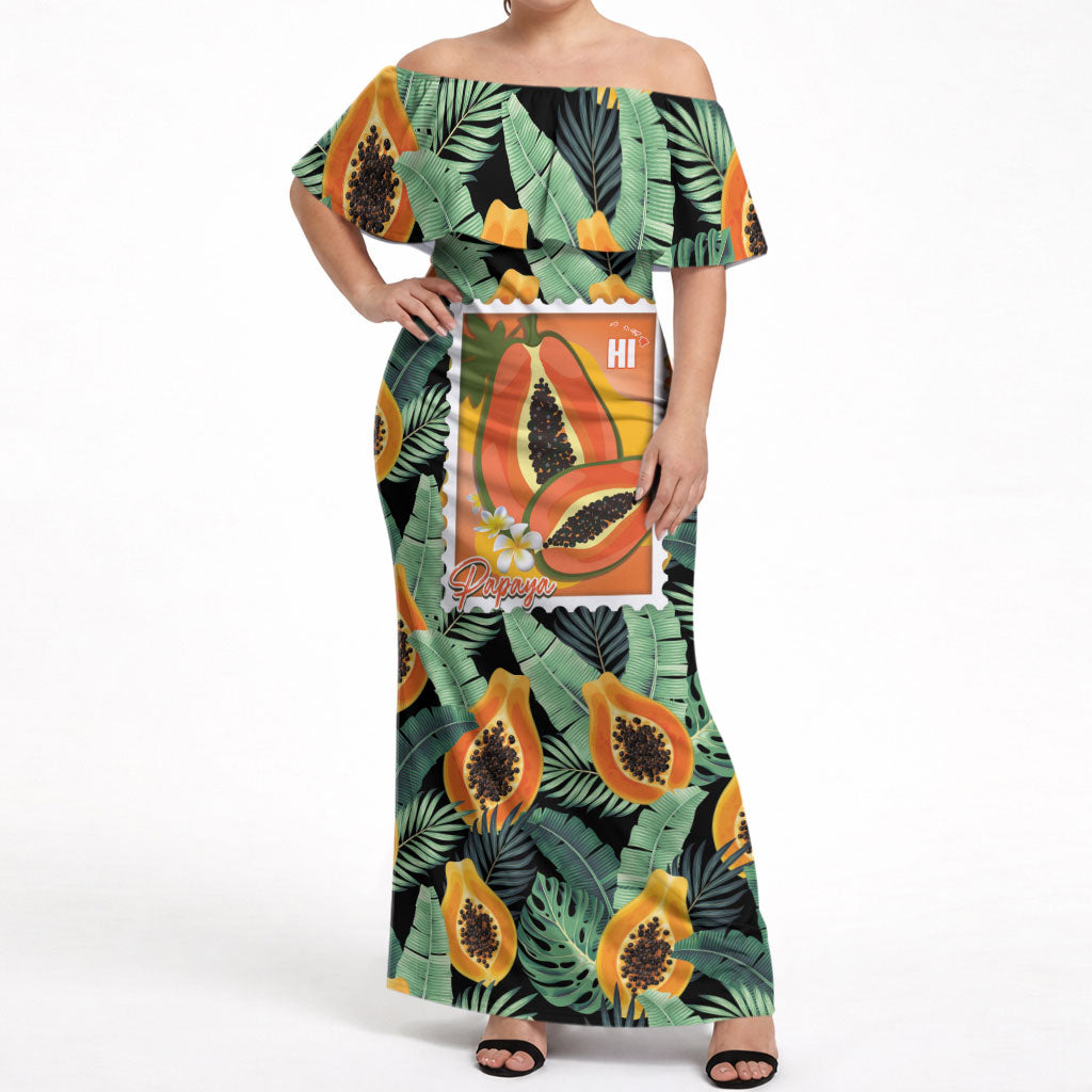 Aloha Hawaii Mikana Off Shoulder Maxi Dress Hawaiian Papaya Stylized Stamp