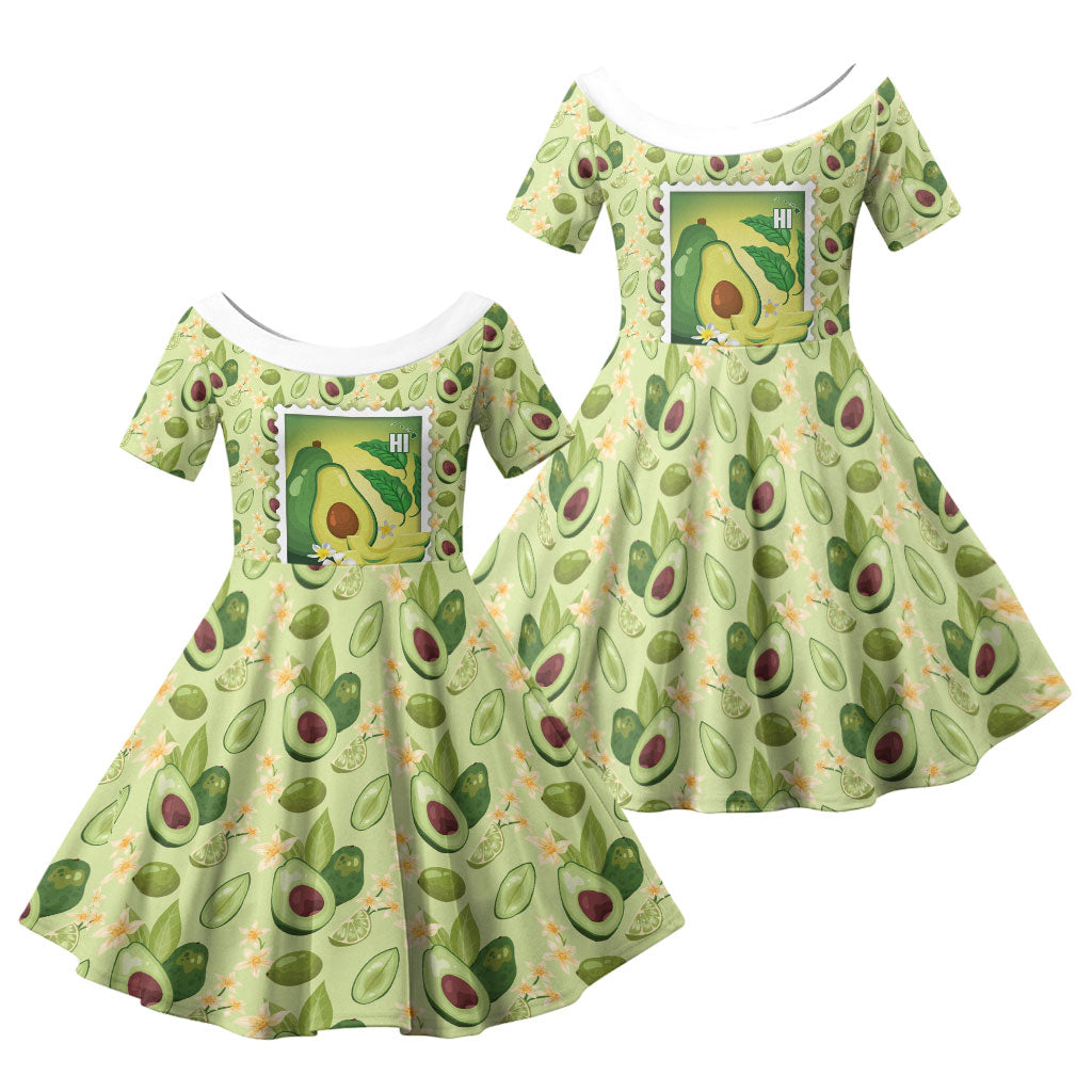 Aloha Hawaii Avocado Family Matching Off Shoulder Short Dress and Hawaiian Shirt Hawaiian Fruit Stylized Stamp LT14 Daughter's Dress Green - Polynesian Pride