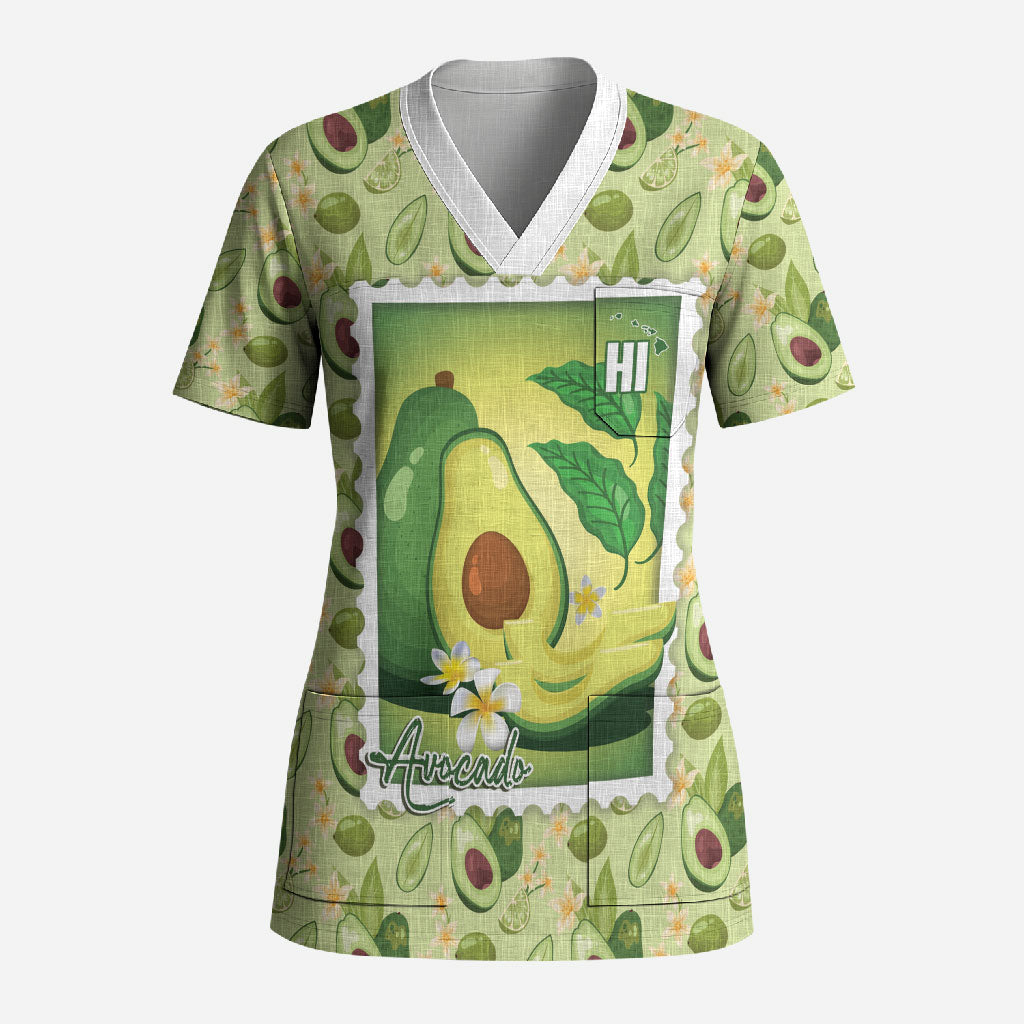 Aloha Hawaii Avocado Scrub Top Hawaiian Fruit Stylized Stamp LT14 Adult Green - Polynesian Pride