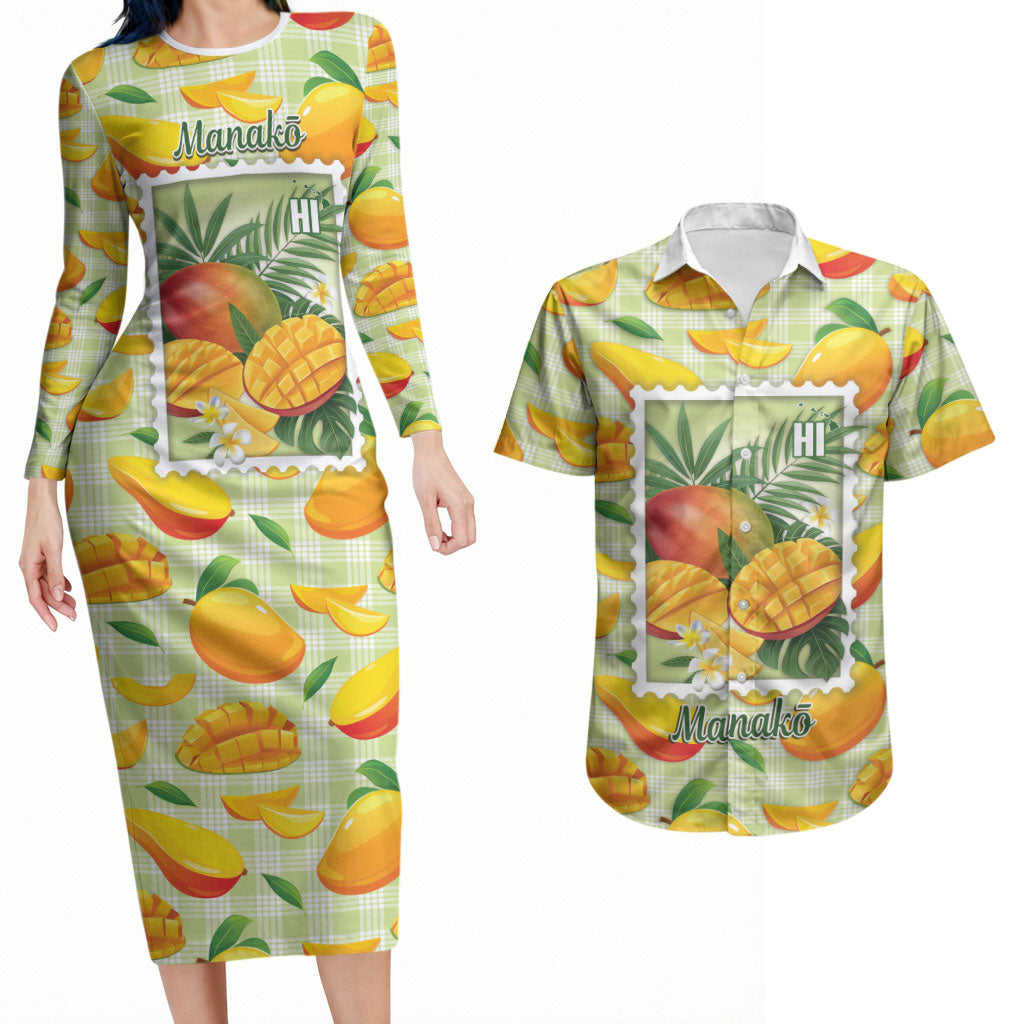 Aloha Hawaii Manako Palaka Motifs Couples Matching Long Sleeve Bodycon Dress and Hawaiian Shirt Hawaiian Mango Stylized Stamp LT14 Yellow - Polynesian Pride