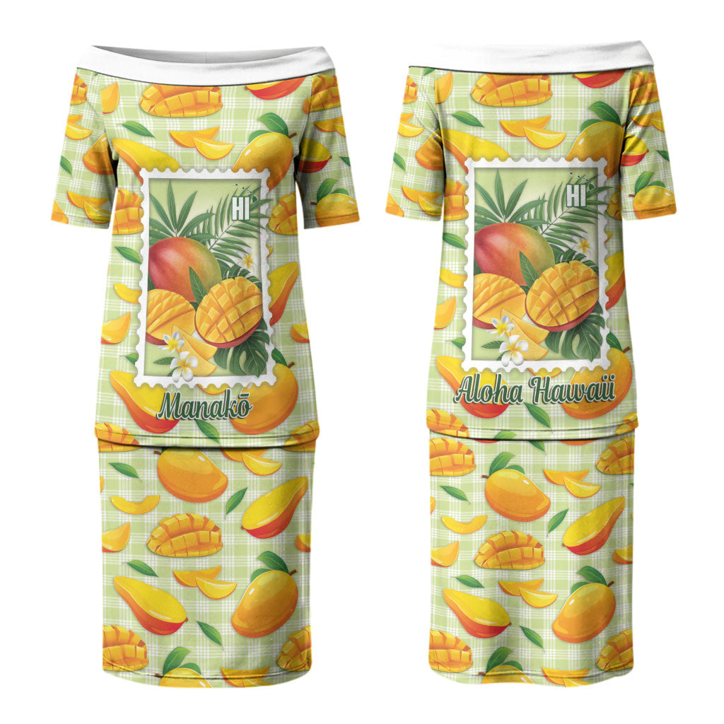 Aloha Hawaii Manako Palaka Motifs Couples Matching Puletasi and Long Sleeve Button Shirt Hawaiian Mango Stylized Stamp LT14 - Polynesian Pride