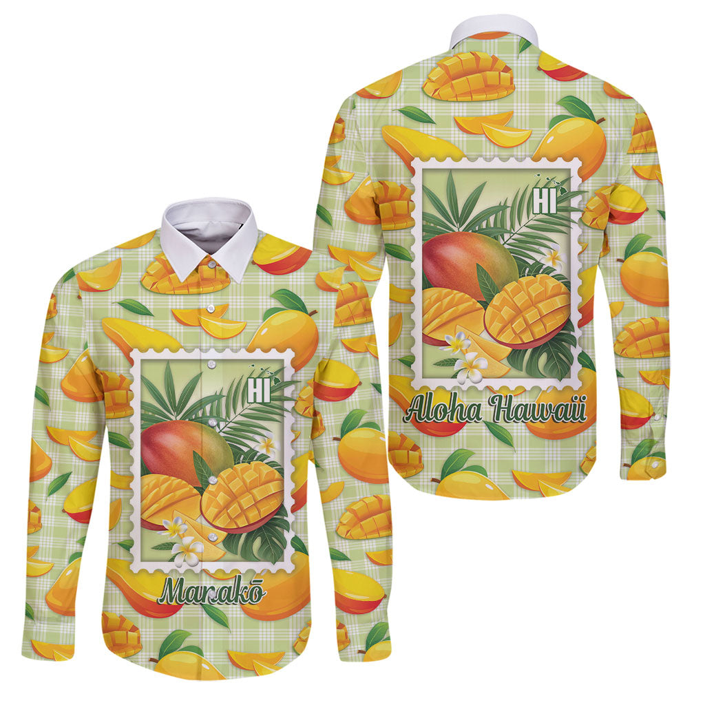 Aloha Hawaii Manako Palaka Motifs Family Matching Off The Shoulder Long Sleeve Dress and Hawaiian Shirt Hawaiian Mango Stylized Stamp LT14 Dad's Shirt - Long Sleeve Yellow - Polynesian Pride