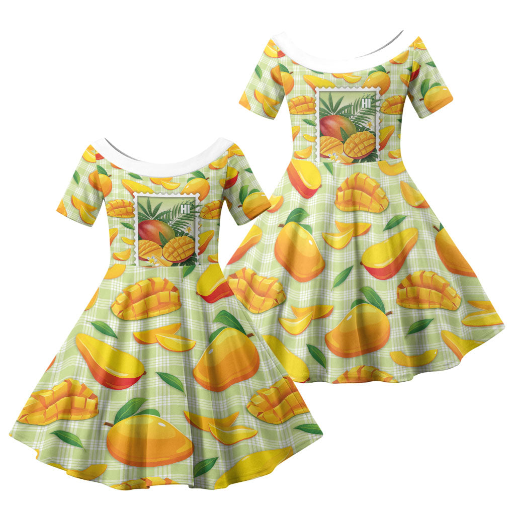 Aloha Hawaii Manako Palaka Motifs Family Matching Short Sleeve Bodycon Dress and Hawaiian Shirt Hawaiian Mango Stylized Stamp LT14 Daughter's Dress Yellow - Polynesian Pride