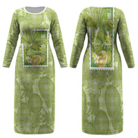 Aloha Hawaii Ulu Palaka Motifs Family Matching Long Sleeve Bodycon Dress and Hawaiian Shirt Hawaiian Breadfruit Stylized Stamp LT14 Mom's Dress Green - Polynesian Pride