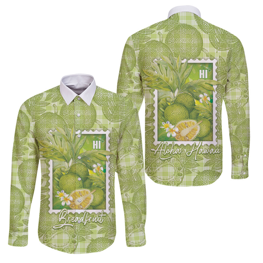 Aloha Hawaii Ulu Palaka Motifs Family Matching Long Sleeve Bodycon Dress and Hawaiian Shirt Hawaiian Breadfruit Stylized Stamp LT14 Dad's Shirt - Long Sleeve Green - Polynesian Pride