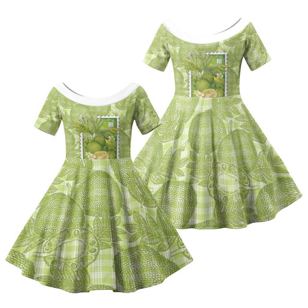 Aloha Hawaii Ulu Palaka Motifs Family Matching Long Sleeve Bodycon Dress and Hawaiian Shirt Hawaiian Breadfruit Stylized Stamp LT14 Daughter's Dress Green - Polynesian Pride