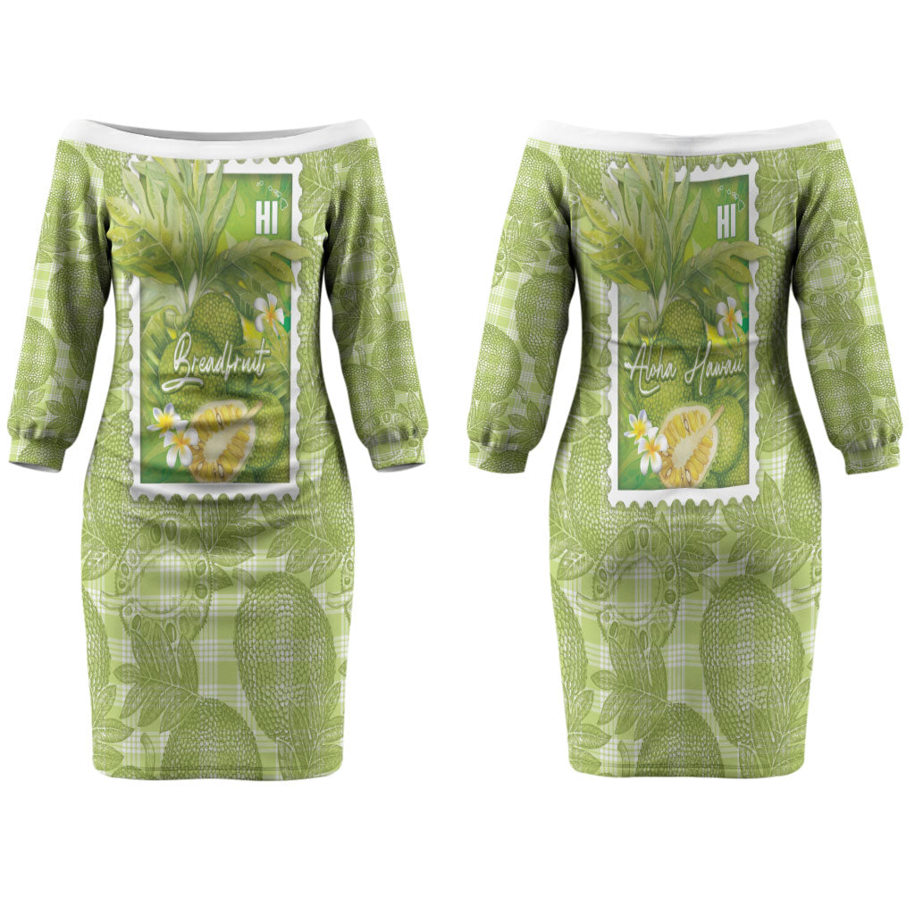Aloha Hawaii Ulu Palaka Motifs Family Matching Off The Shoulder Long Sleeve Dress and Hawaiian Shirt Hawaiian Breadfruit Stylized Stamp LT14 Mom's Dress Green - Polynesian Pride