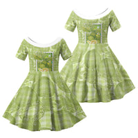Aloha Hawaii Ulu Palaka Motifs Family Matching Off The Shoulder Long Sleeve Dress and Hawaiian Shirt Hawaiian Breadfruit Stylized Stamp LT14 Daughter's Dress Green - Polynesian Pride