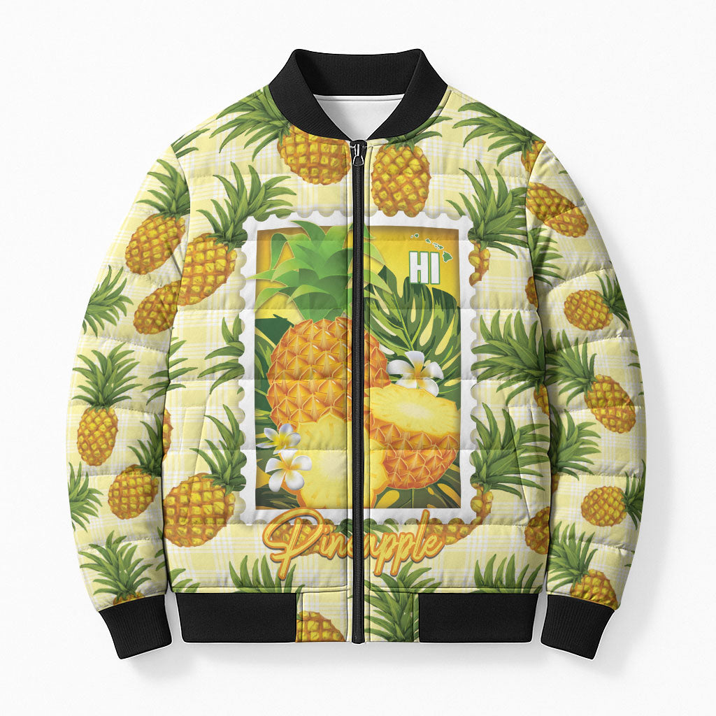 Aloha Hawaii Hala Kahiki Palaka Motifs Bomber Puffer Jacket Hawaiian Pineapple Stylized Stamp LT14 Unisex Yellow - Polynesian Pride