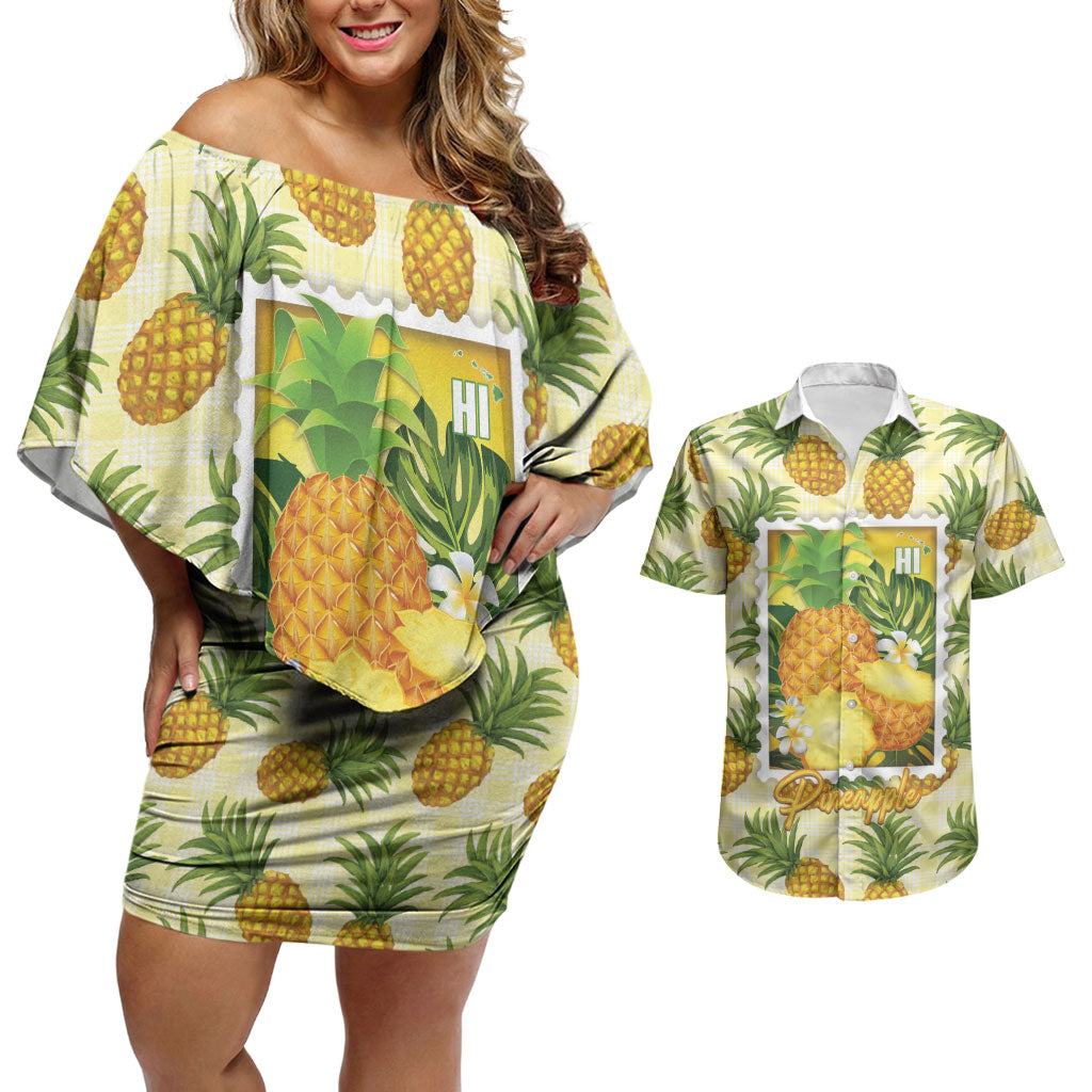 Aloha Hawaii Hala Kahiki Palaka Motifs Couples Matching Off Shoulder Short Dress and Hawaiian Shirt Hawaiian Pineapple Stylized Stamp LT14 Yellow - Polynesian Pride