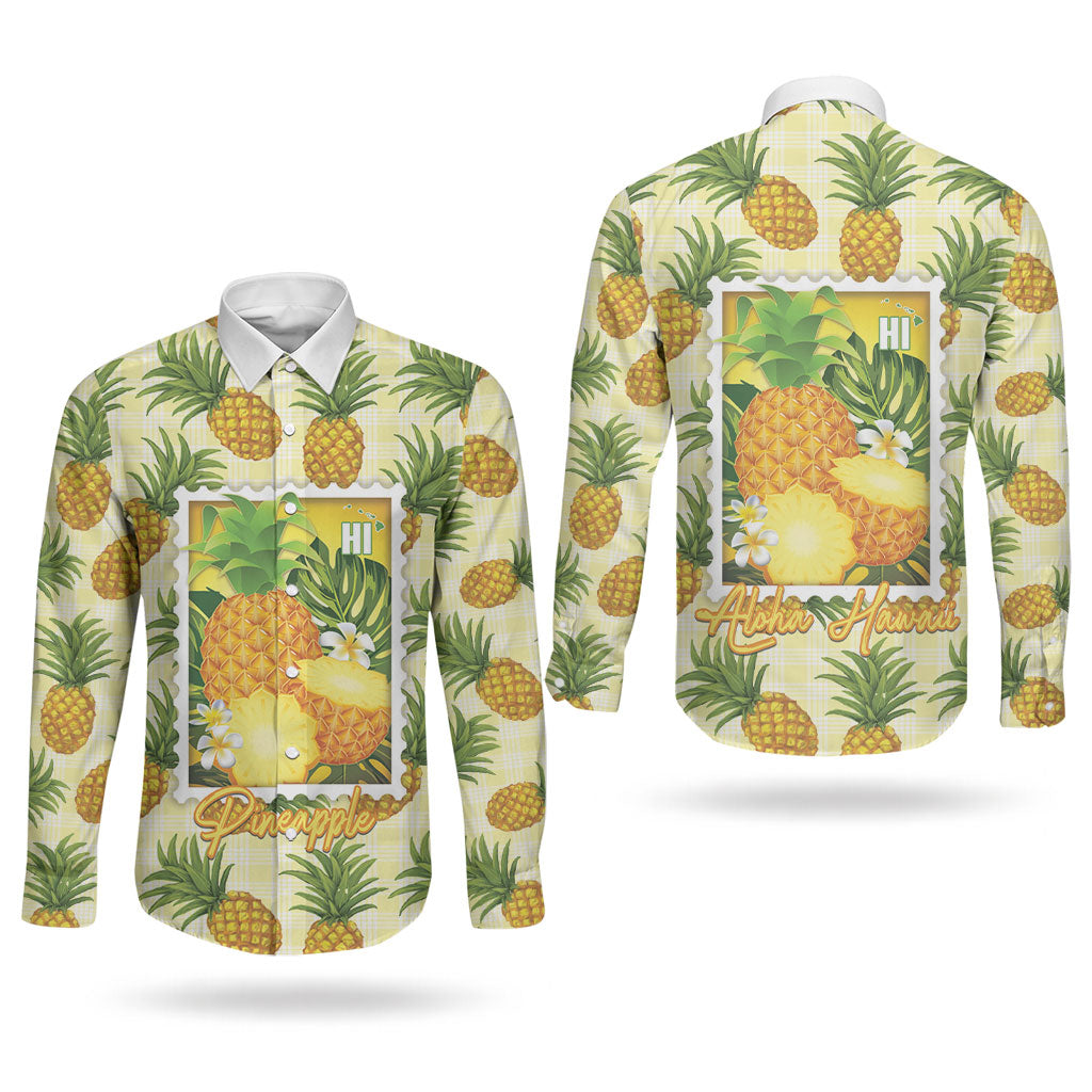 Aloha Hawaii Hala Kahiki Palaka Motifs Couples Matching Off Shoulder Short Dress and Long Sleeve Button Shirt Hawaiian Pineapple Stylized Stamp LT14 - Polynesian Pride