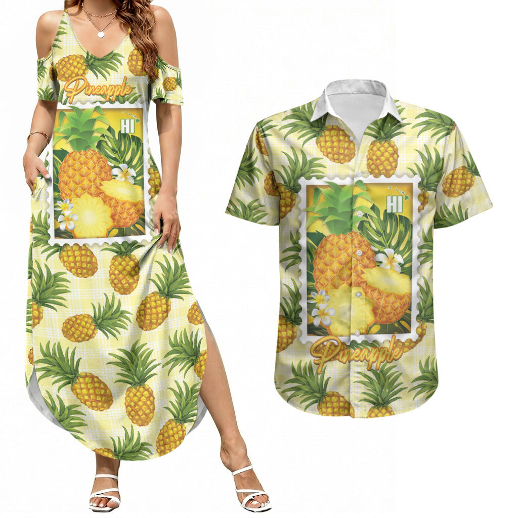Aloha Hawaii Hala Kahiki Palaka Motifs Couples Matching Summer Maxi Dress and Hawaiian Shirt Hawaiian Pineapple Stylized Stamp LT14 Yellow - Polynesian Pride