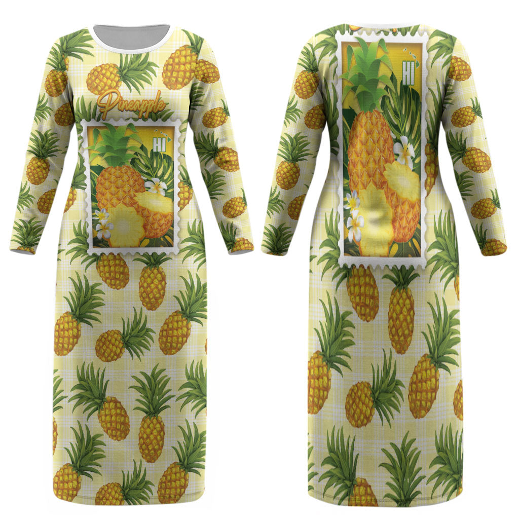Aloha Hawaii Hala Kahiki Palaka Motifs Family Matching Long Sleeve Bodycon Dress and Hawaiian Shirt Hawaiian Pineapple Stylized Stamp LT14 Mom's Dress Yellow - Polynesian Pride
