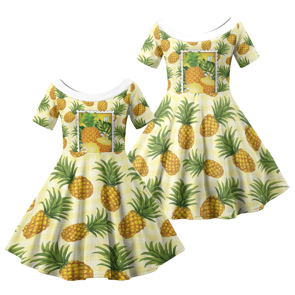 Aloha Hawaii Hala Kahiki Palaka Motifs Family Matching Short Sleeve Bodycon Dress and Hawaiian Shirt Hawaiian Pineapple Stylized Stamp LT14 Daughter's Dress Yellow - Polynesian Pride