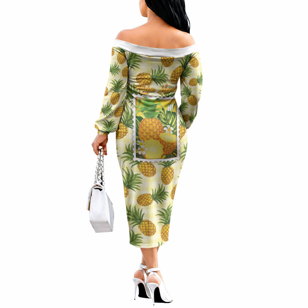 Aloha Hawaii Hala Kahiki Palaka Motifs Off The Shoulder Long Sleeve Dress Hawaiian Pineapple Stylized Stamp LT14 - Polynesian Pride