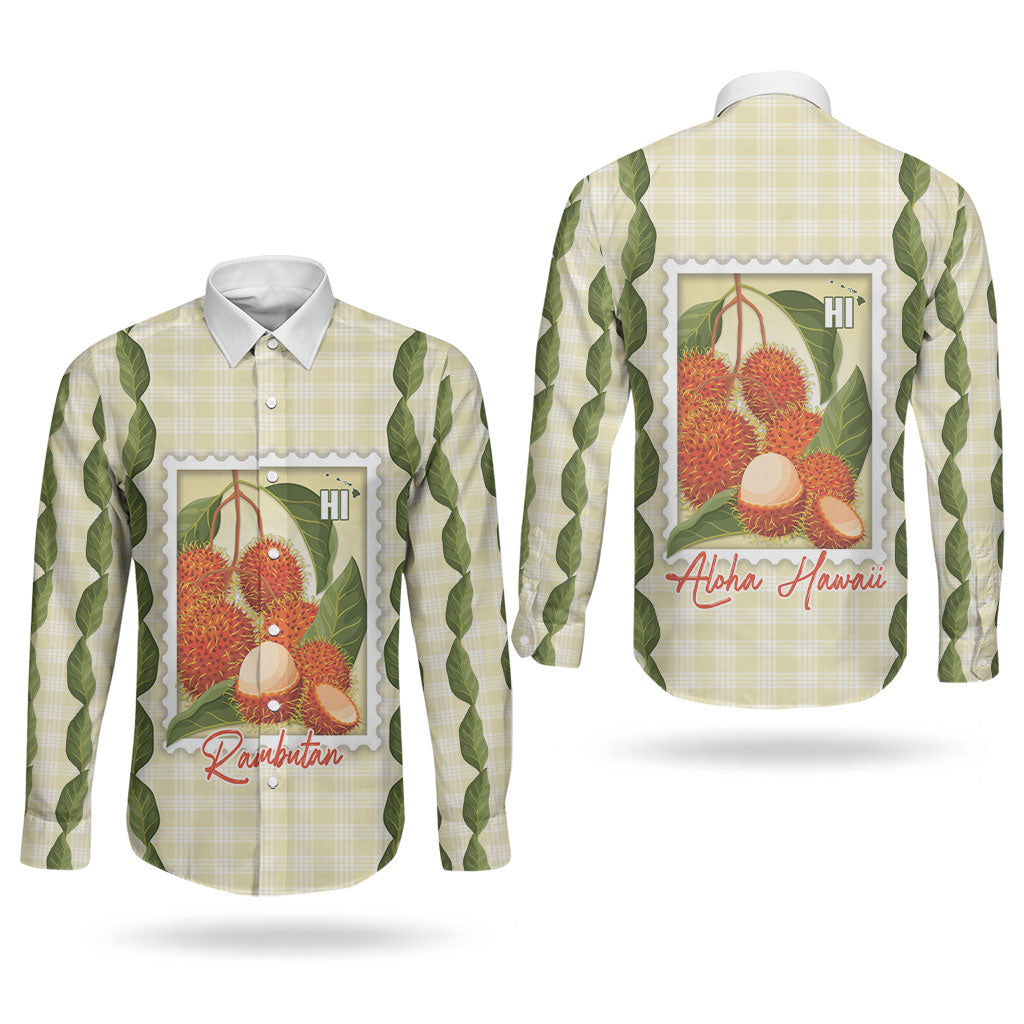 Aloha Hawaii Rambutan Palaka Motifs Couples Matching Off Shoulder Short Dress and Long Sleeve Button Shirt Hawaiian Fruit Stylized Stamp LT14 - Polynesian Pride