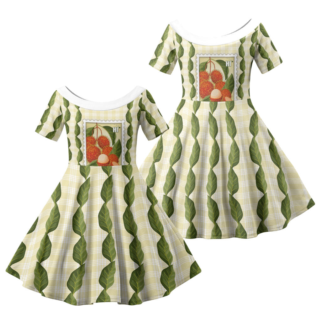 Aloha Hawaii Rambutan Palaka Motifs Family Matching Long Sleeve Bodycon Dress and Hawaiian Shirt Hawaiian Fruit Stylized Stamp LT14 Daughter's Dress Yellow - Polynesian Pride