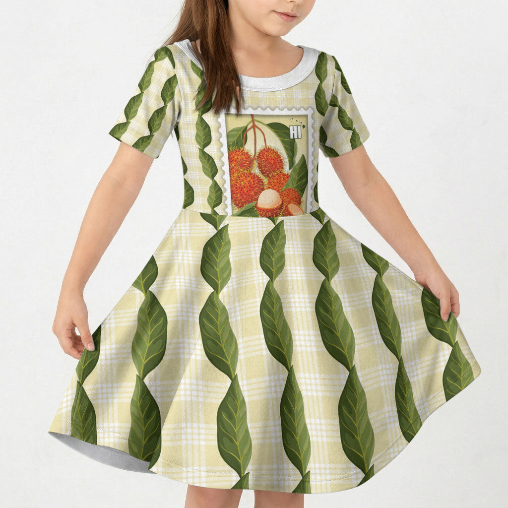 Aloha Hawaii Rambutan Palaka Motifs Kid Short Sleeve Dress Hawaiian Fruit Stylized Stamp LT14 KID Yellow - Polynesian Pride