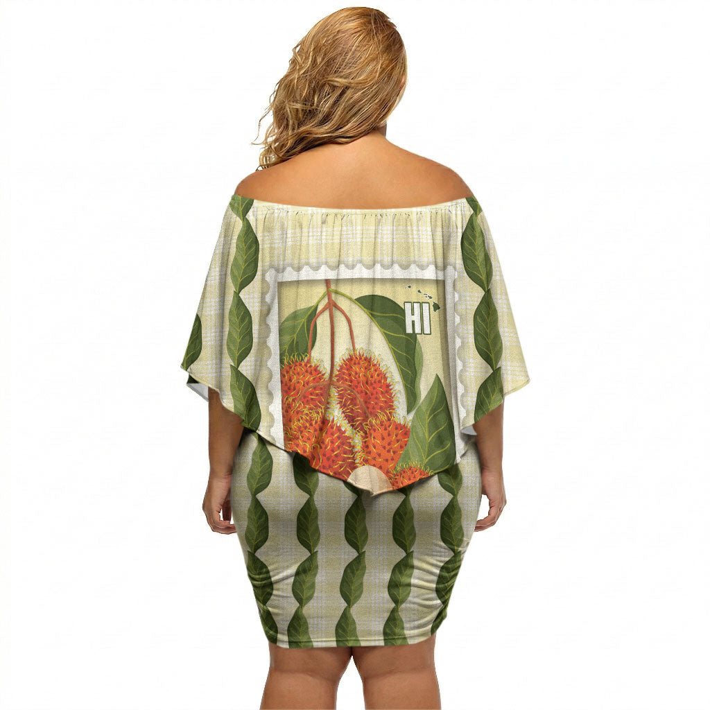 Aloha Hawaii Rambutan Palaka Motifs Off Shoulder Short Dress Hawaiian Fruit Stylized Stamp LT14 - Polynesian Pride