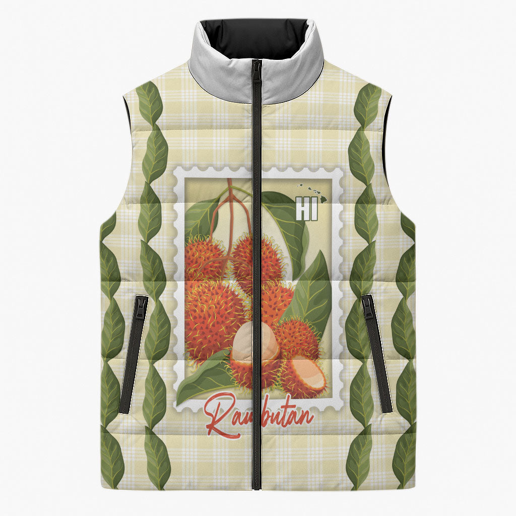 Aloha Hawaii Rambutan Palaka Motifs Sleeveless Puffer Jacket Hawaiian Fruit Stylized Stamp LT14 Unisex Yellow - Polynesian Pride