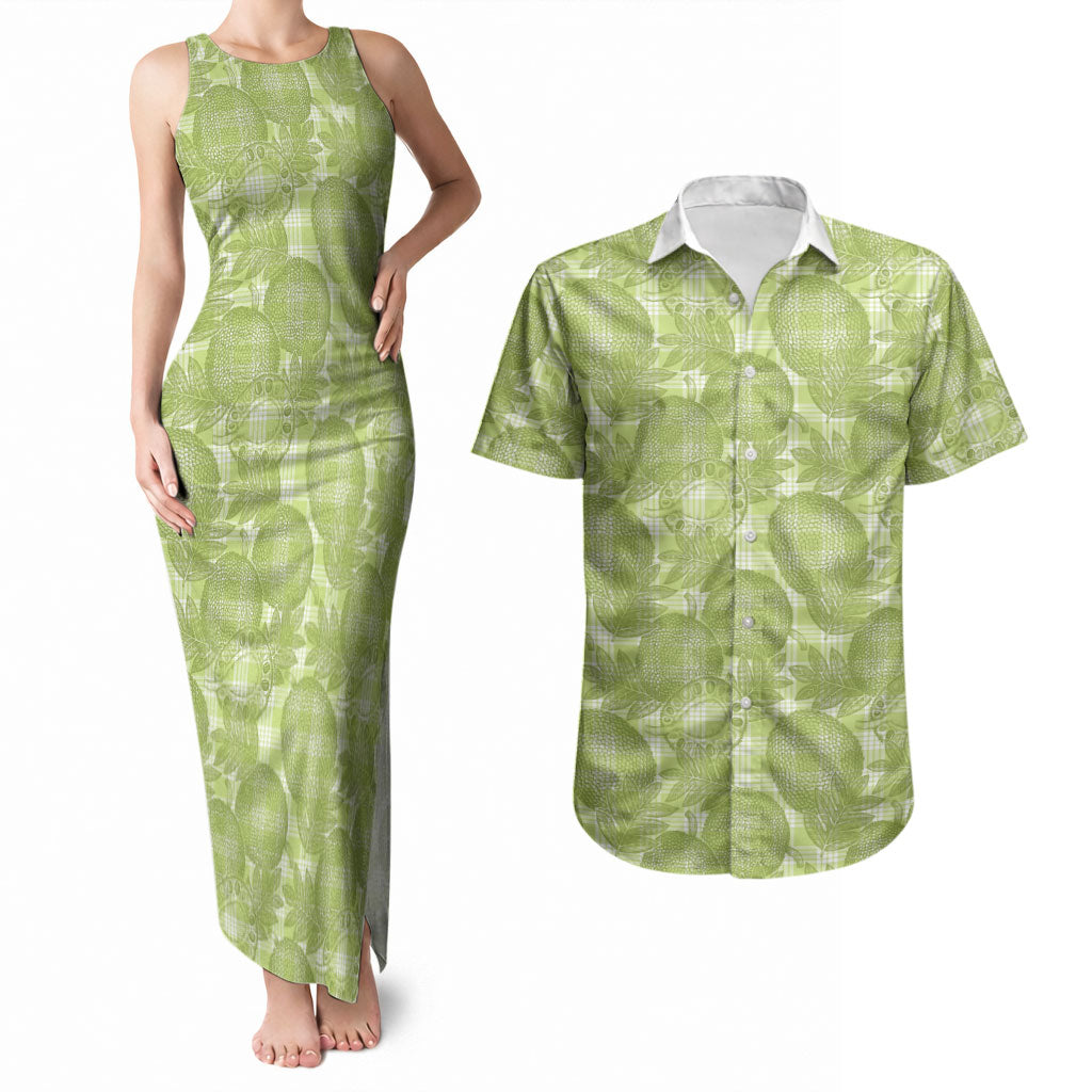 Omaomao Hawaii Breadfruit Palaka Motifs Couples Matching Tank Maxi Dress and Hawaiian Shirt LT14 Green - Polynesian Pride