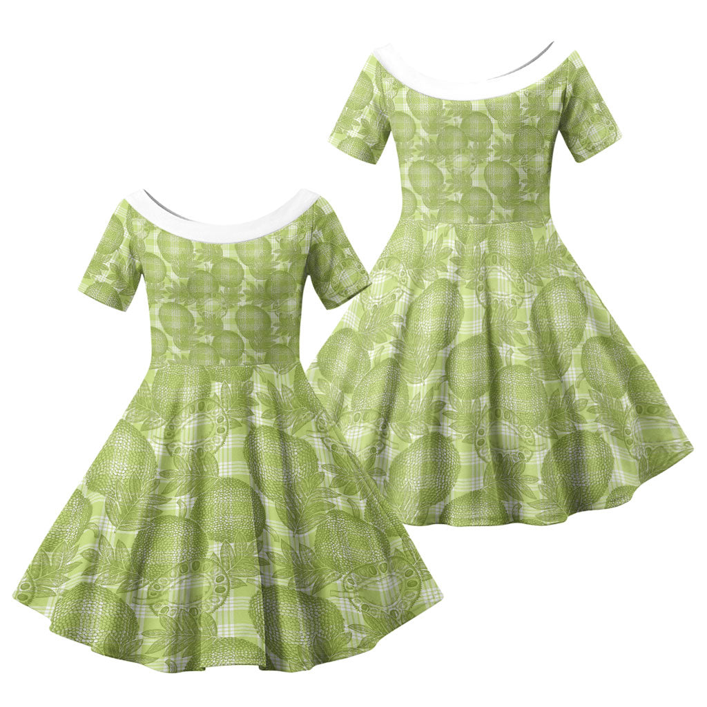 Omaomao Hawaii Breadfruit Palaka Motifs Family Matching Off Shoulder Short Dress and Hawaiian Shirt LT14 Daughter's Dress Green - Polynesian Pride
