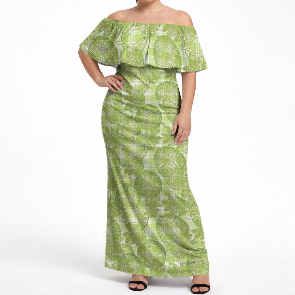 Omaomao Hawaii Breadfruit Palaka Motifs Off Shoulder Maxi Dress