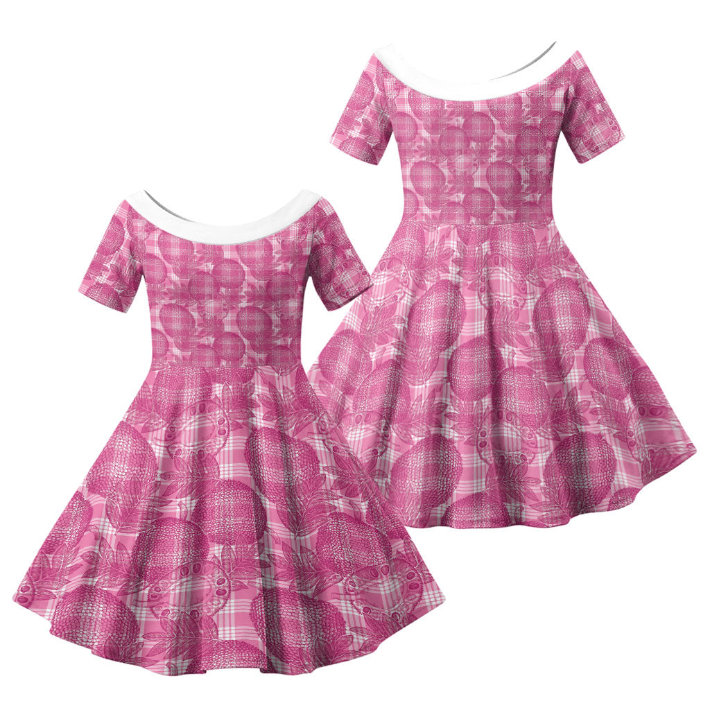 Alaka Hawaii Breadfruit Palaka Motifs Family Matching Off The Shoulder Long Sleeve Dress and Hawaiian Shirt LT14 Daughter's Dress Pink - Polynesian Pride
