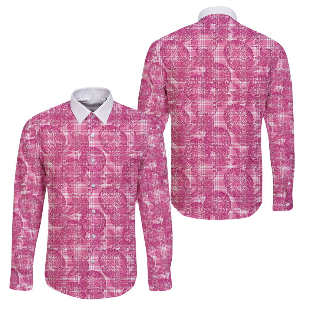 Alaka Hawaii Breadfruit Palaka Motifs Family Matching Off Shoulder Maxi Dress and Hawaiian Shirt LT14 Dad's Shirt - Long Sleeve Pink - Polynesian Pride