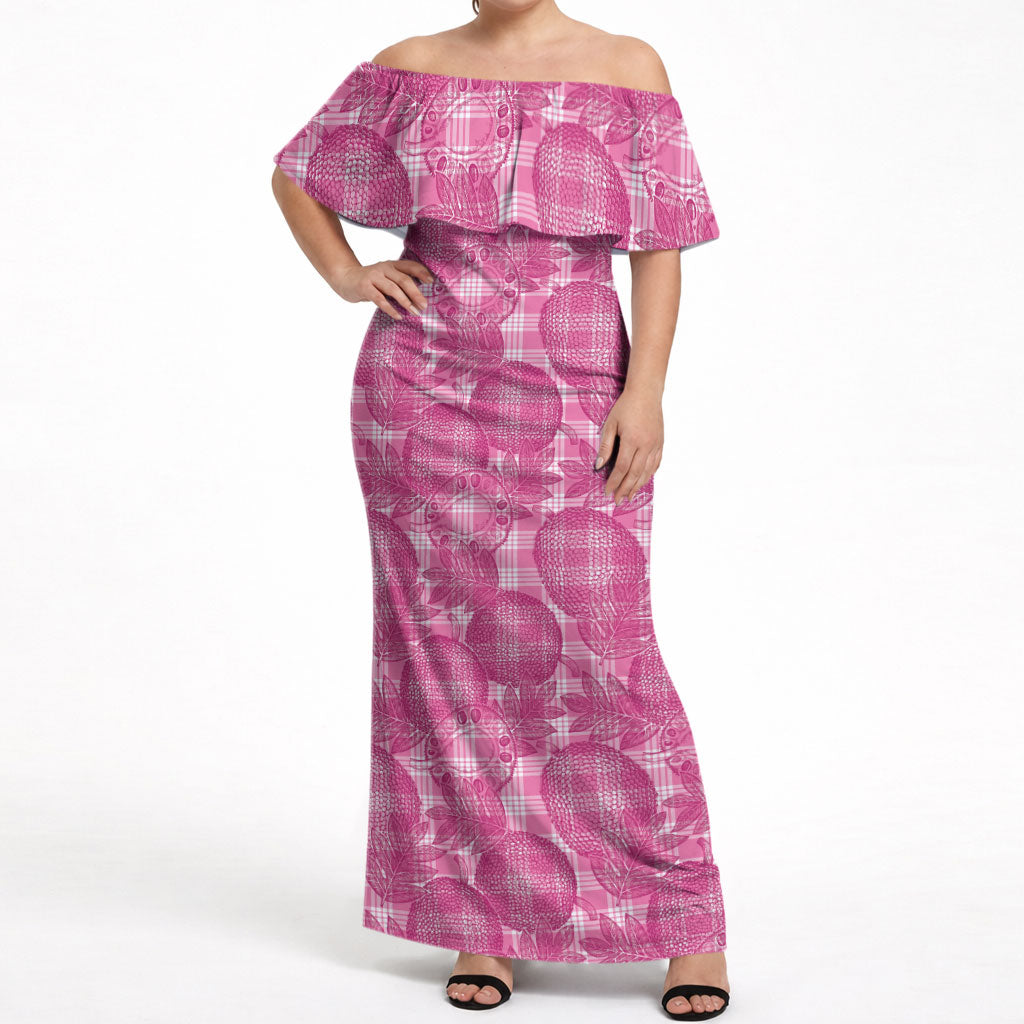 Alaka Hawaii Breadfruit Palaka Motifs Off Shoulder Maxi Dress