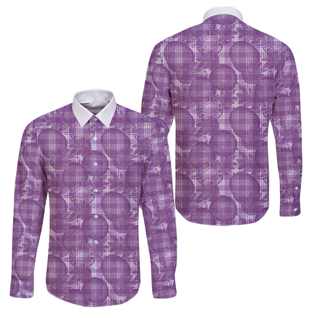 Poni Hawaii Breadfruit Palaka Motifs Family Matching Off Shoulder Short Dress and Hawaiian Shirt LT14 Dad's Shirt - Long Sleeve Purple - Polynesian Pride
