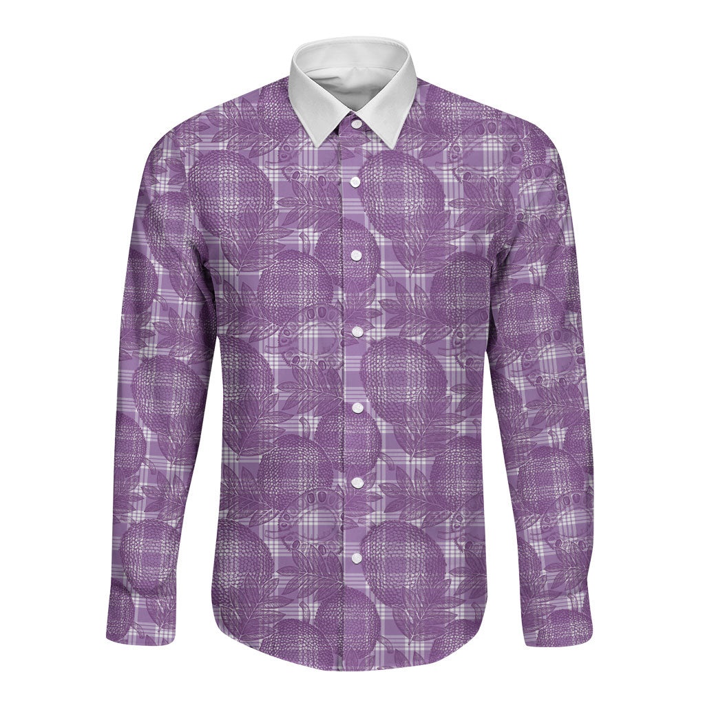 Poni Hawaii Breadfruit Palaka Motifs Long Sleeve Button Shirt LT14 Unisex Purple - Polynesian Pride