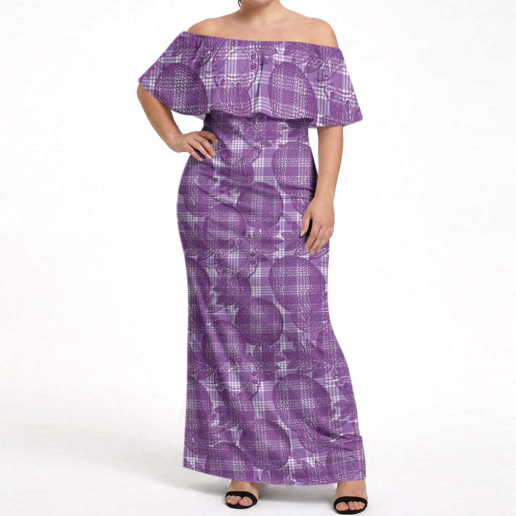 Poni Hawaii Breadfruit Palaka Motifs Off Shoulder Maxi Dress
