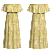 Melemele Hawaii Breadfruit Palaka Motifs Couples Matching Off Shoulder Maxi Dress and Long Sleeve Button Shirt LT14 - Polynesian Pride