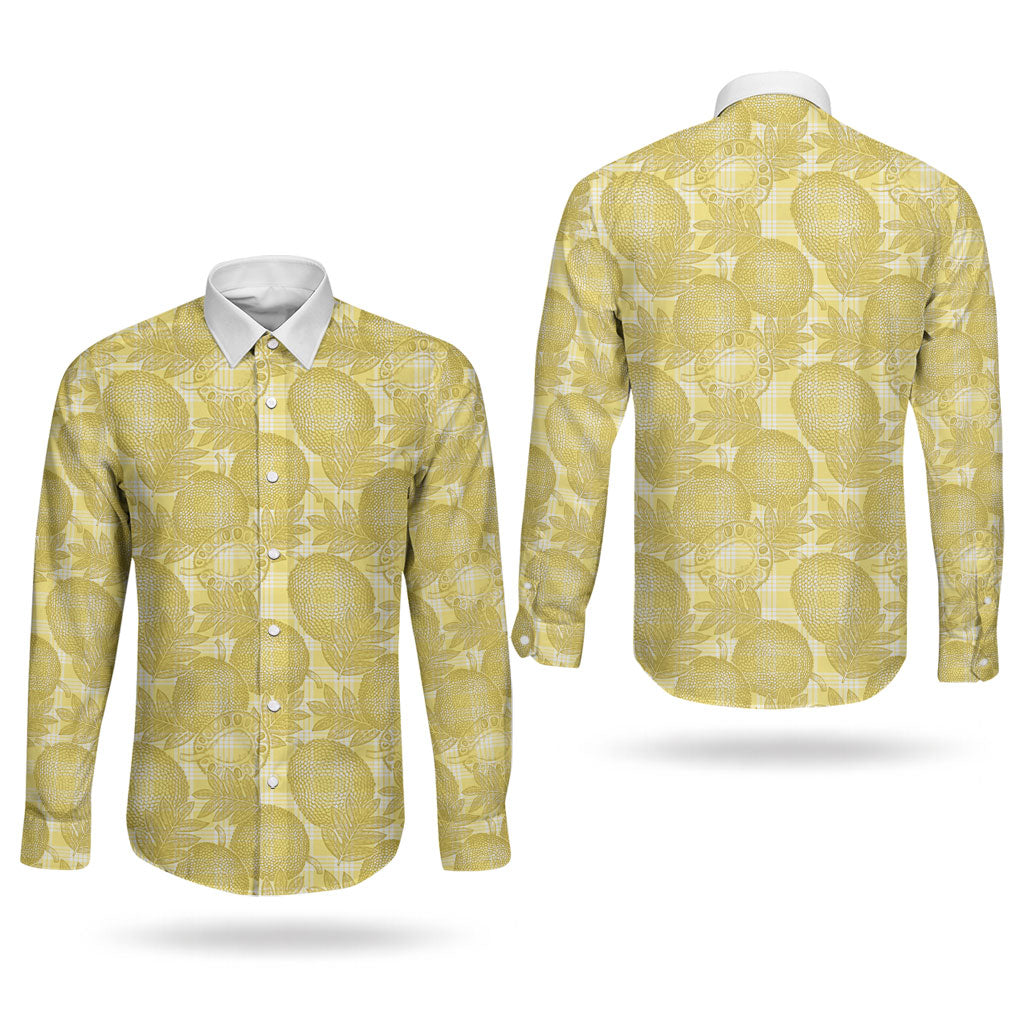 Melemele Hawaii Breadfruit Palaka Motifs Couples Matching Off The Shoulder Long Sleeve Dress and Long Sleeve Button Shirt LT14 - Polynesian Pride