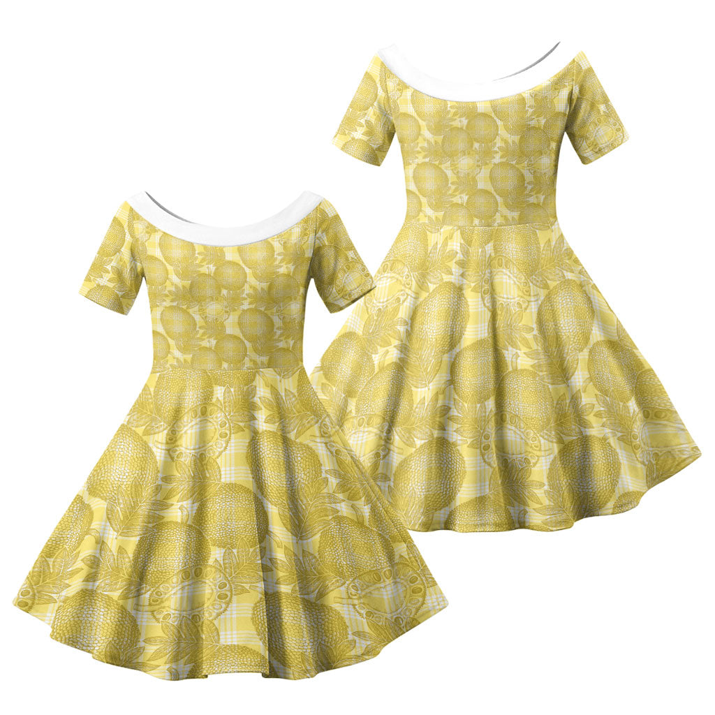 Melemele Hawaii Breadfruit Palaka Motifs Family Matching Off Shoulder Short Dress and Hawaiian Shirt LT14 Daughter's Dress Yellow - Polynesian Pride