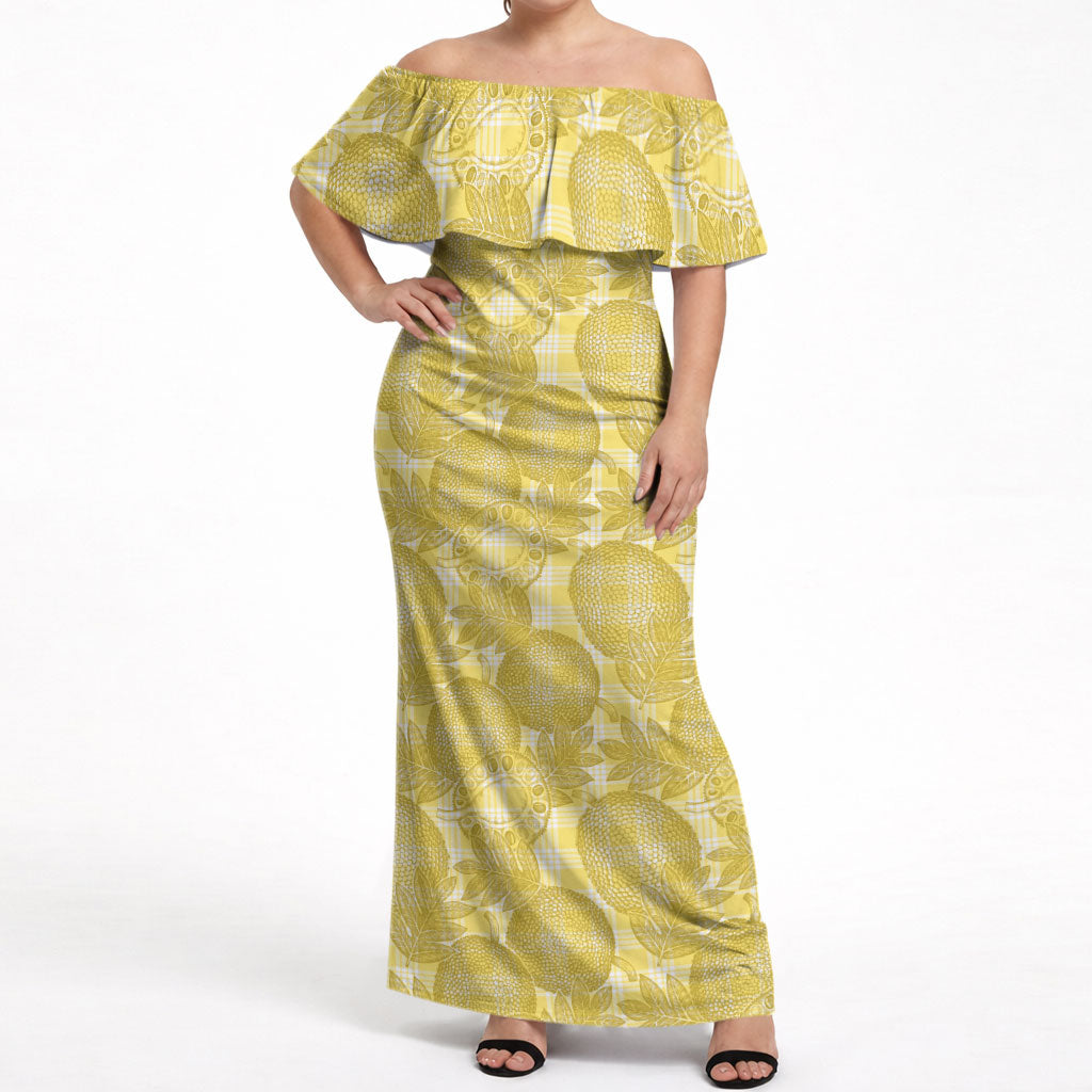 Melemele Hawaii Breadfruit Palaka Motifs Off Shoulder Maxi Dress