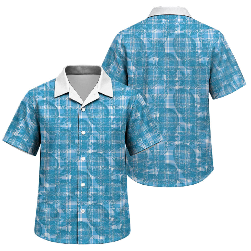 Polu Hawaii Breadfruit Palaka Motifs Family Matching Off Shoulder Maxi Dress and Hawaiian Shirt LT14 Son's Shirt Blue - Polynesian Pride