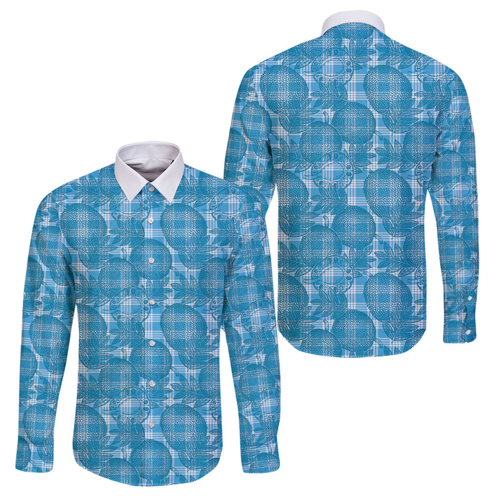 Polu Hawaii Breadfruit Palaka Motifs Family Matching Puletasi and Hawaiian Shirt LT14 Dad's Shirt - Long Sleeve Blue - Polynesian Pride