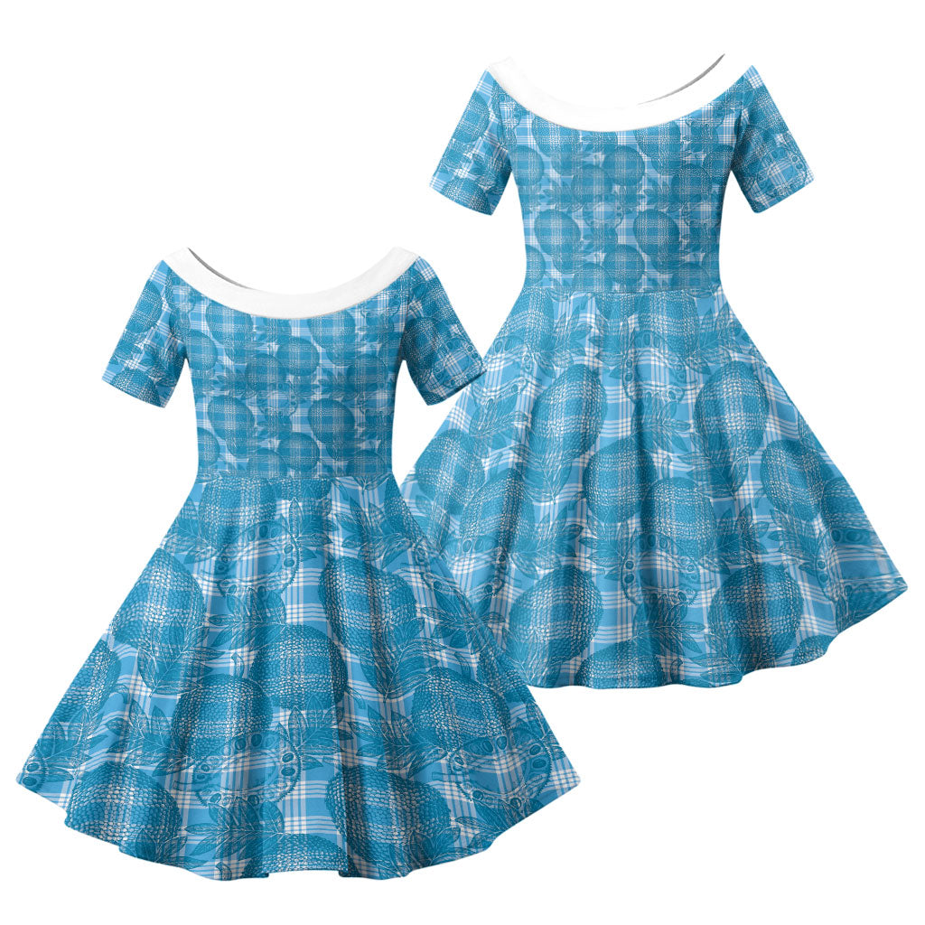 Polu Hawaii Breadfruit Palaka Motifs Family Matching Puletasi and Hawaiian Shirt LT14 Daughter's Dress Blue - Polynesian Pride