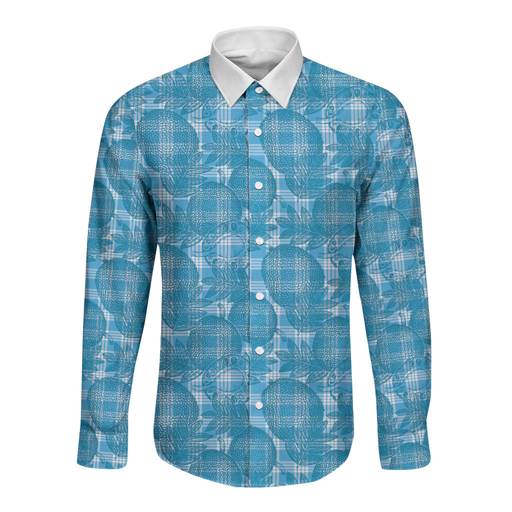 Polu Hawaii Breadfruit Palaka Motifs Long Sleeve Button Shirt LT14 Unisex Blue - Polynesian Pride