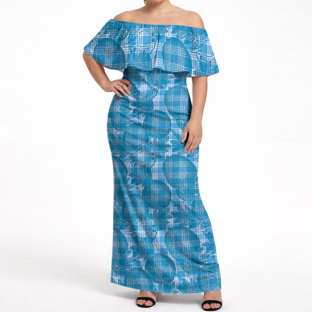 Polu Hawaii Breadfruit Palaka Motifs Off Shoulder Maxi Dress