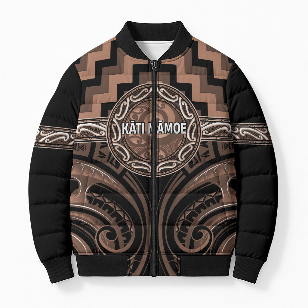 Aotearoa Kati Mamoe Personalised Bomber Puffer Jacket Maori Iwi Poutama Puhoro Tattoo LT14 Unisex Brown - Polynesian Pride