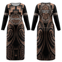 Aotearoa Kati Mamoe Personalised Family Matching Long Sleeve Bodycon Dress and Hawaiian Shirt Maori Iwi Poutama Puhoro Tattoo LT14 Mom's Dress Brown - Polynesian Pride
