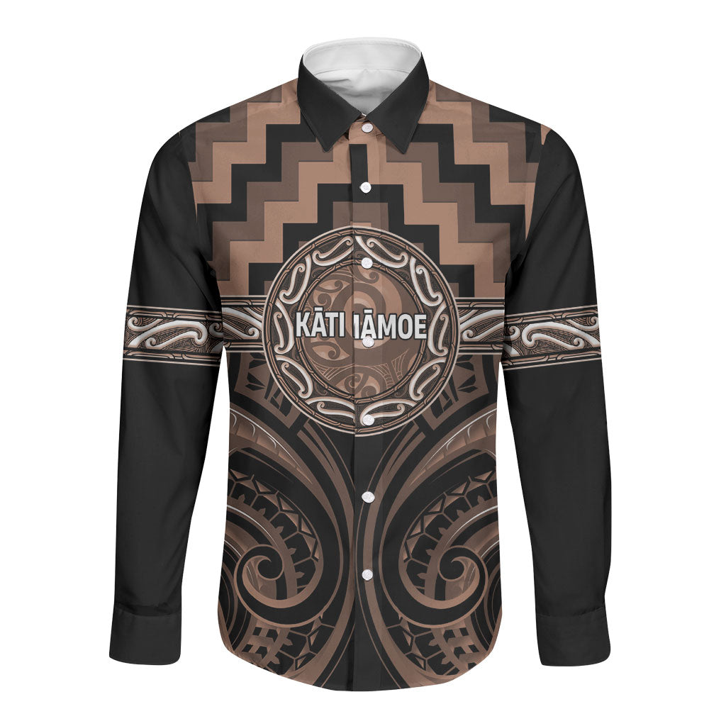 Aotearoa Kati Mamoe Personalised Long Sleeve Button Shirt Maori Iwi Poutama Puhoro Tattoo LT14 Unisex Brown - Polynesian Pride