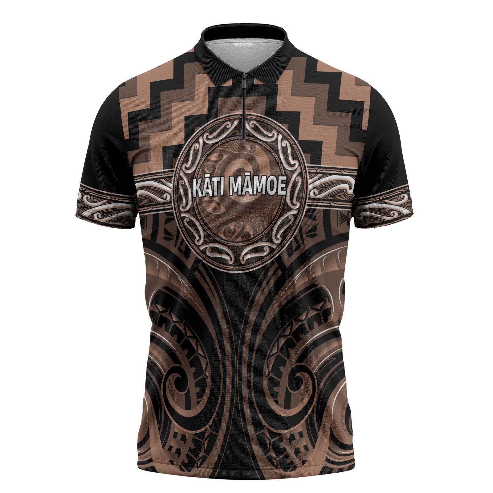 Aotearoa Kati Mamoe Personalised Zipper Polo Shirt Maori Iwi Poutama Puhoro Tattoo LT14 Brown - Polynesian Pride