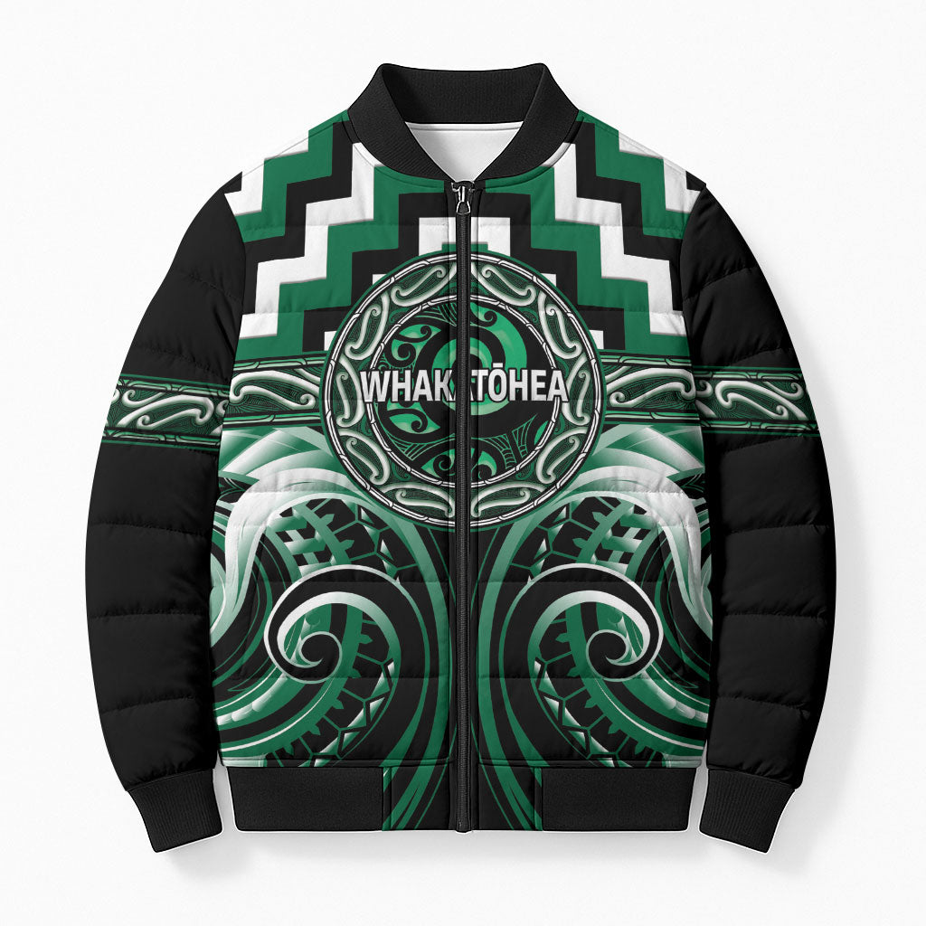 Aotearoa Whakatohea Personalised Bomber Puffer Jacket Maori Iwi Poutama Puhoro Tattoo LT14 Unisex Green - Polynesian Pride