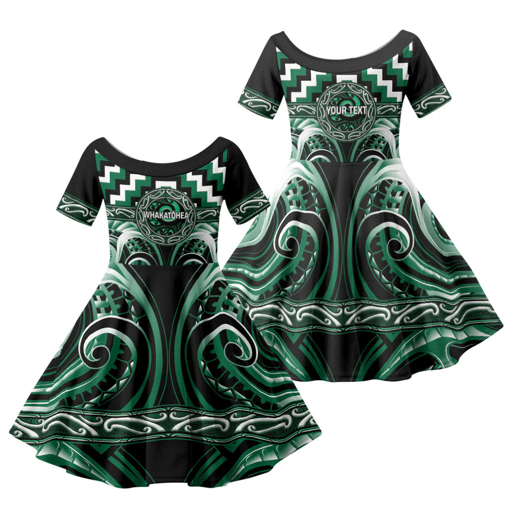 Aotearoa Whakatohea Personalised Family Matching Mermaid Dress and Hawaiian Shirt Maori Iwi Poutama Puhoro Tattoo LT14 Daughter's Dress Green - Polynesian Pride